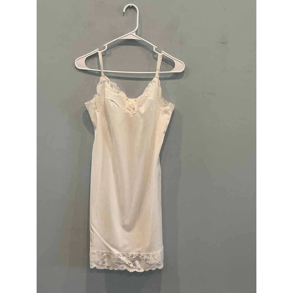 Vintage Womens Full Slip 34 Average White Lace Trim Satin Lingerie 70s Coquette
